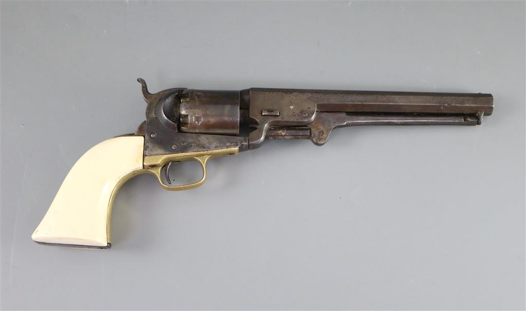 A Colt London 1851 Percussion Cap Navy Revolver, No. 1811 with ivory grip, length 13in.